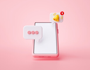 Fototapete - Smartphone Chat bubbles and alert notification icon website ui on pink background 3d rendering illustratio