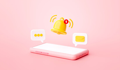 Fototapete - Smartphone reminder notification icon website ui on pink background 3d rendering illustration
