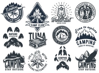 Wall Mural - Set of monochrome camping and travel emblems, including campfire, flag, wood, lantern, forest