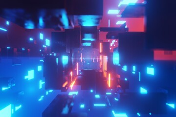 Fototapete - Abstract Futuristic tunnel Laser Cube geometric cyberspace wormhole Cyberpunk Background 3D rendering