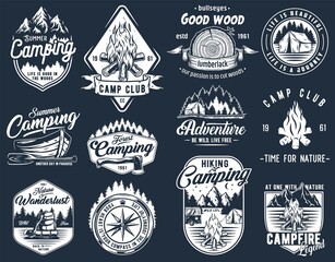 Wall Mural - Camping outdoor emblem set, wild forest trip, boating adventure, mountains and campfire explore