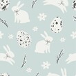 Happy Easter - vector print. Cute spring card with quail eggs, flowers, Willow twigs, bunny, leaf and design elements in flat style. Seamless pattern	
