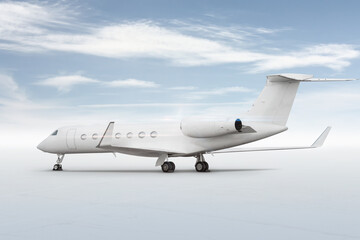 Modern white executive corporate business jet isolated on bright background with sky