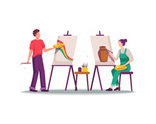 Painting Flat Illustration Concept. People Paint Using Easel, Canvas, Brushes And Watercolor. Vector Illustration In A Flat Style