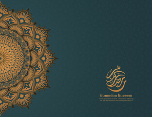 Wall Mural - Green Islamic Ramadan Background with Gold Mandala Premium Vector