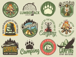 Camping outdoor emblem set, wild forest trip, boating adventure, mountains and campfire explore