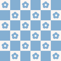 Wall Mural - Checkerboard monochrome seamless pattern with blue geometric shaped flowers. Colorful vector background in retro style 60s, 70s.