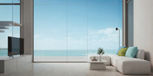 Modern Beach House Living Interior With Sea View From The Window.3d Rendering