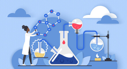 Chemistry science laboratory research. Abstract scientific chemical experiment of tiny scientist student or teacher, discovery process with flask equipment and analysis flat vector illustration