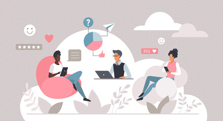 Poster - Online global communication vector illustration. Cartoon people with tablet, mobile phone or laptop browsing, man woman users using internet network. Social media, business modern technology concept