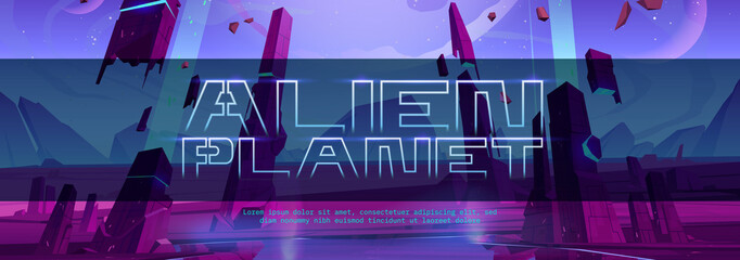 Wall Mural - alien planet cartoon banner with futuristic landscape, space background with glowing and flying rock