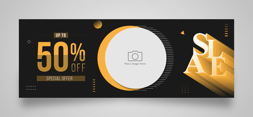 Wall Mural - Sale web ad banner or facebook cover page timeline  template with photo place. creative layout black and yellow background shape and text design
