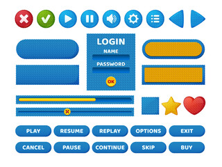 Poster - Set game menu elements textile woven texture. Cartoon user setting login or password panel, buttons, options, progress bars ui design interface. Pause, sound and arrow, flash, star keys, Vector icons