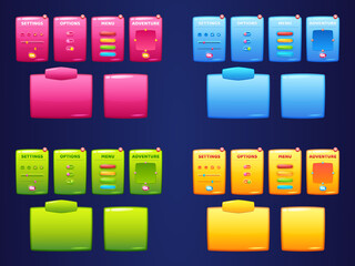 Poster - Game menu interface windows, cartoon options, settings, adventure plates with ui buttons, progress bars and gui elements. Colorful user panels with sliders, isolated vector boards design templates set