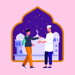 Wall Mural - Two men forgive each other by shaking hands. Islamic Family eid mubarak concept vector Illustration.