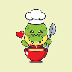 Wall Mural - cute dino chef mascot cartoon character with soup