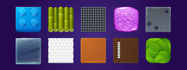 Poster - Texture samples. game ui app icons, square buttons toy block, bamboo stem, metal grid, air bubbles, bullet holes, glass, golf ball, leather menu interface textured graphics, isolated 3d vector set