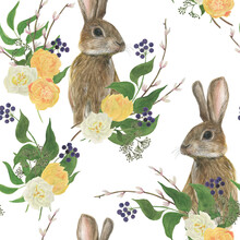 Watercolor Painting Seamless Pattern With Easter Bunny Beautiful Yellow Tulips, White Daffodils