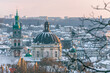 Lviv, Ukraine - February, 2022: City view from the Vysoky Zamok (Lviv castle hill), KORNIAKTA TOWER, the dome of Dominican church.