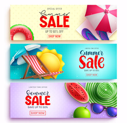 Sticker - Summer sale vector banner set design. Summer sale text with limited time offer discount with tropical beach elements for seasonal promotion travel and shopping ads. Vector illustration.
