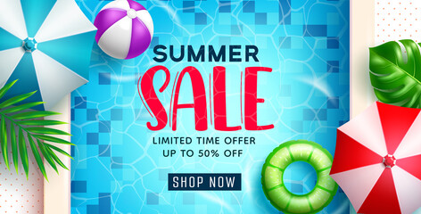 Summer sale vector banner design. Summer sale limited time offer text in swimming pool background for tropical season travel and vacation business promotion advertisement. Vector illustration.
