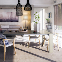 Modern Furnishings Inside an Living Room Designed in White Wood (focused) - 3D Visualization