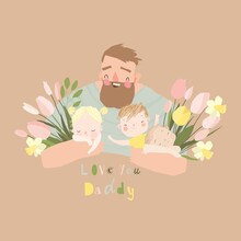 Cartoon Father Hugging Children With Bouquet Of Spring Flowers