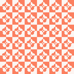 Poster - Checkerboard monochrome seamless pattern with  cut geometric shaped flowers. Colorful aesthetic vector background in retro style 60s, 70s.