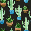 Watercolor Mexican cactuses seamless pattern on dark background 