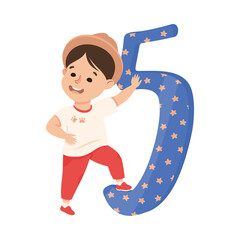 Canvas Print - Little Boy with Huge Number Five or Numeral Learning Basic Counting Vector Illustration