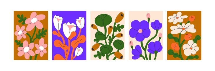 Sticker - Modern wall art designs with abstract Matisse-inspired flowers. Contemporary interior posters, paintings set. Vertical placards. Floral artworks with stylized plants. Colored flat vector illustrations