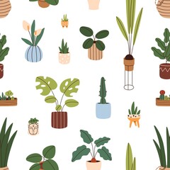 Poster - Seamless pattern with potted house plants print. Endless repeatable background design with green-leaf houseplants growing in planters. Repeating backdrop decoration. Colored flat vector illustration