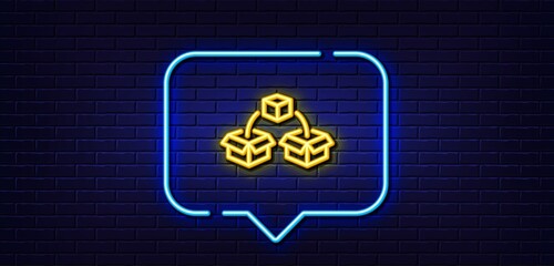 Poster - Neon light speech bubble. Parcel shipping line icon. Delivery box sign. Cargo package symbol. Neon light background. Parcel shipping glow line. Brick wall banner. Vector