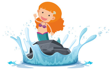 Poster - A water splash with mermaid on a stone on white background