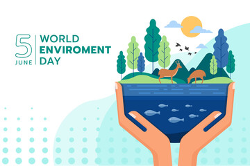 world environment day - hand hold care the environment on earth consists of water, tree, mountains a