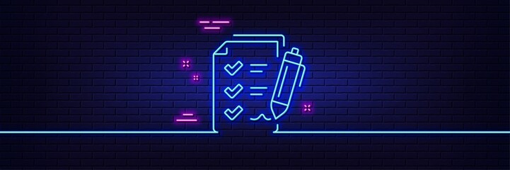 Canvas Print - Neon light glow effect. Survey Checklist line icon. Report sign. Business review symbol. 3d line neon glow icon. Brick wall banner. Survey checklist outline. Vector