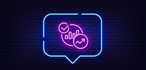 Poster - Neon light speech bubble. Charts, Statistics line icon. Report graph or Sales growth sign. Analytics data symbol. Neon light background. Statistics glow line. Brick wall banner. Vector