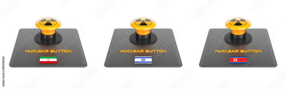 Nuklear Buttons Nuclear weapon buttons Iran, Israel and North Korea isolated on white ...