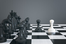 Creative Chess Board On Gray Backdrop With Mock Up Place. Match And Battle Concept. 3D Rendering.