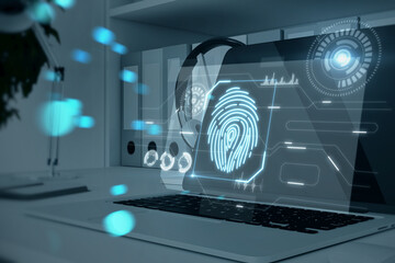 Aufkleber - Close up of laptop with abstract glowing fingerprint interface on blurry background. Login and authorization concept. Double exposure.