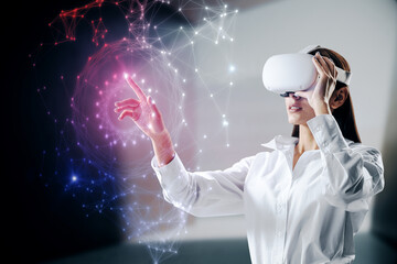 Aufkleber - Attractive young european female with VR glasses using abstract polygonal sphere on blurry office interior background. Metaverse, augmented reality and future concept. Double exposure.