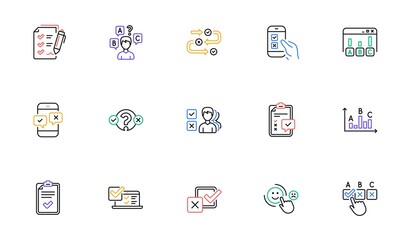 Poster - Survey or Report line icons. Opinion, Customer satisfaction and Feedback results. Testing linear icon set. Bicolor outline web elements. Vector
