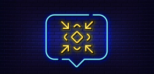 Poster - Neon light speech bubble. Minimize arrow line icon. Small screen symbol. Minimise Navigation sign. Neon light background. Minimize glow line. Brick wall banner. Vector