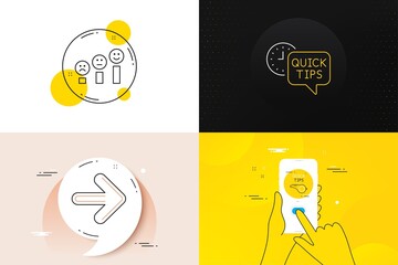 Poster - Minimal set of Customer satisfaction, Quick tips and Tutorials line icons. Phone screen, Quote banners. Next icons. For web development. Happy smile chart, Helpful tricks, Quick tips. Forward. Vector