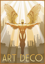 Retro Style Poster Flying Winged Man. 1920s Art Deco Style Illustration