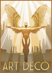 Wall Mural - Retro Style Poster Flying Winged Man. 1920s Art Deco Style Illustration