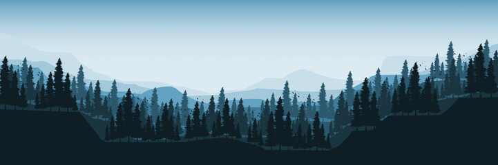 forest silhouette mountain landscape scenery flat design vector illustration good for wallpaper, backdrop, background, banner, tourism, and design template