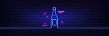 Neon Light Glow Effect. Beer Bottle Line Icon. Pub Craft Beer Sign. Brewery Beverage Symbol. 3d Line Neon Glow Icon. Brick Wall Banner. Beer Outline. Vector
