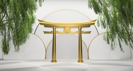 Wall Mural - torii gates gold and weeping willow on a white background. 3d rendering