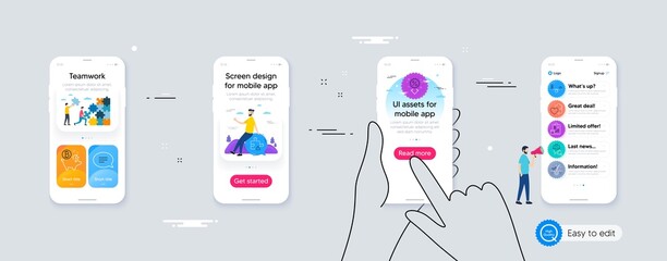 Set of Discount, Report and Anti-dandruff flakes line icons. Phone ui interface. Include Bitcoin coin, Balance, Blood icons. Puzzle, Chat, Inspect web elements. For web, application. Vector